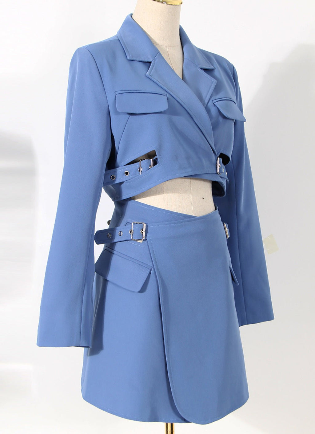 Blue Suit-Style Dress with Cropped Jacket and Skirt Features Pockets and Belt Details