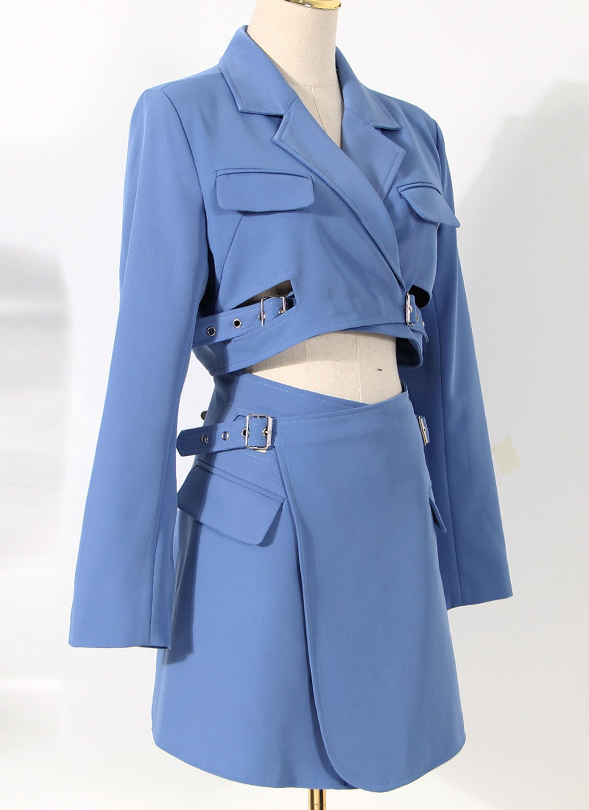 Blue Suit-Style Dress with Cropped Jacket and Skirt Features Pockets and Belt Details