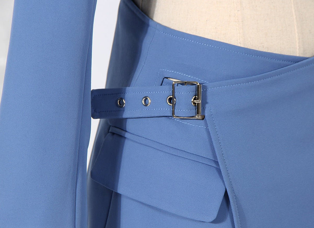 Detail of AM Vision RO Suit-Style Dress in light blue with belt and pockets.