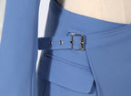 Detail of AM Vision RO Suit-Style Dress in light blue with belt and pockets.