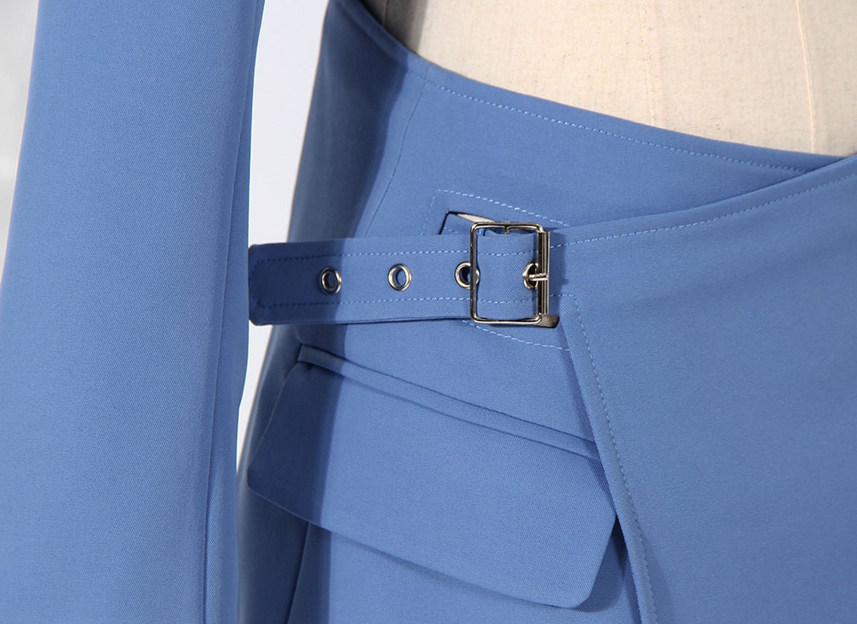 Detail of AM Vision RO Suit-Style Dress in light blue with belt and pockets.