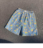  summer streetwear floral shorts featuring a fun sunflower pattern on denim fabric