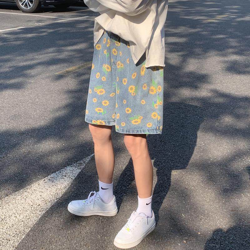 AM Vision RO summer streetwear floral shorts with a light blue background and vibrant flower patterns