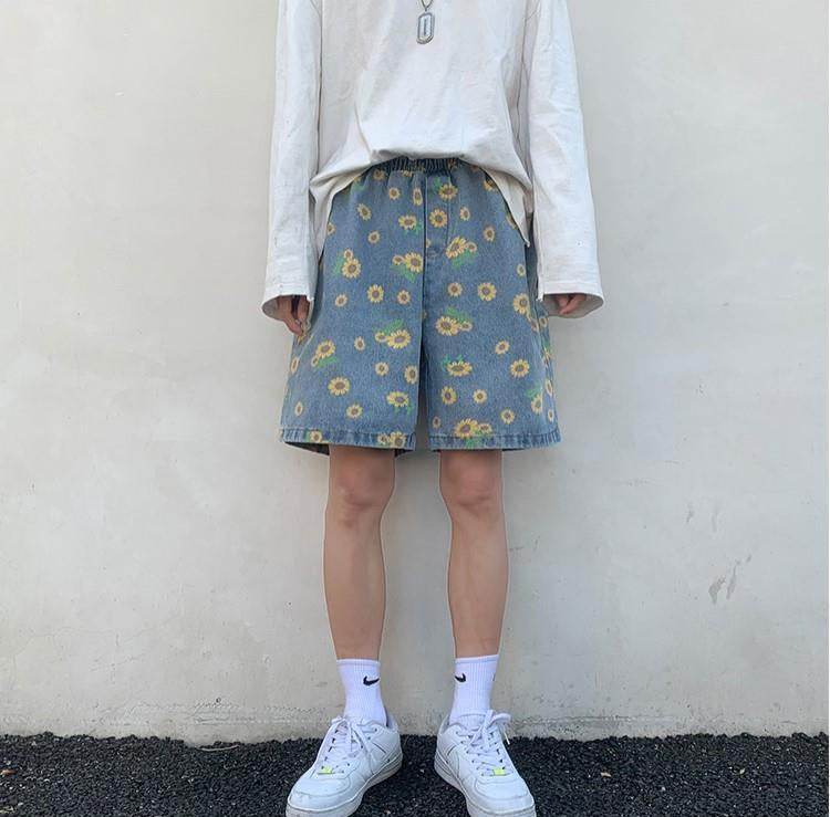 AM Vision RO summer streetwear floral shorts in blue denim with yellow flower pattern for casual wear