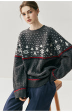 Cozy Christmas knitwear sweater in gray with festive snowflake and tree patterns