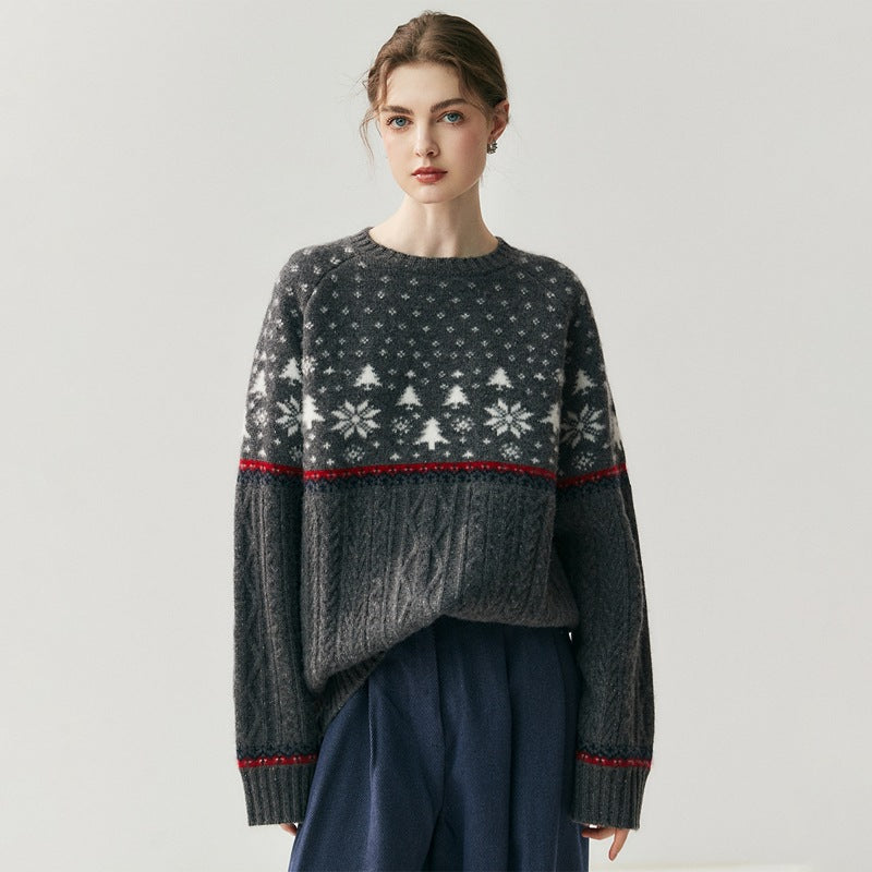 Cozy Christmas knitwear featuring a festive snowflake design in grey and red tones