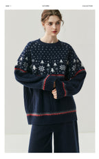 Cozy Christmas knitwear in navy featuring festive snowflake and tree patterns for winter celebrations