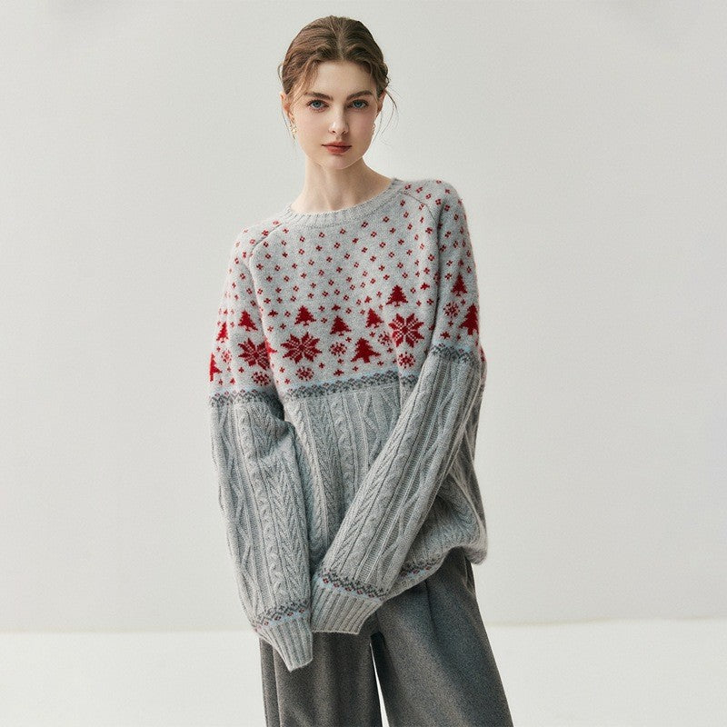 AM Vision RO Cozy Christmas knitwear Sweater with Festive Patterns and Oversized Fit in Gray