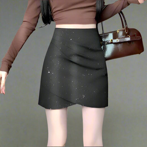 Black Sweet and Spicy Skirt with a Stylish Ruched Design and Shimmering Details