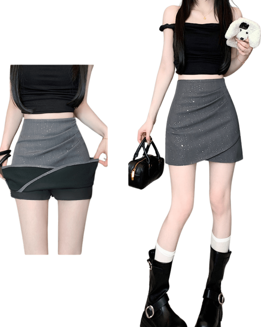 Sweet and Spicy Skirt in gray with wrap design and sparkly details for a trendy casual look