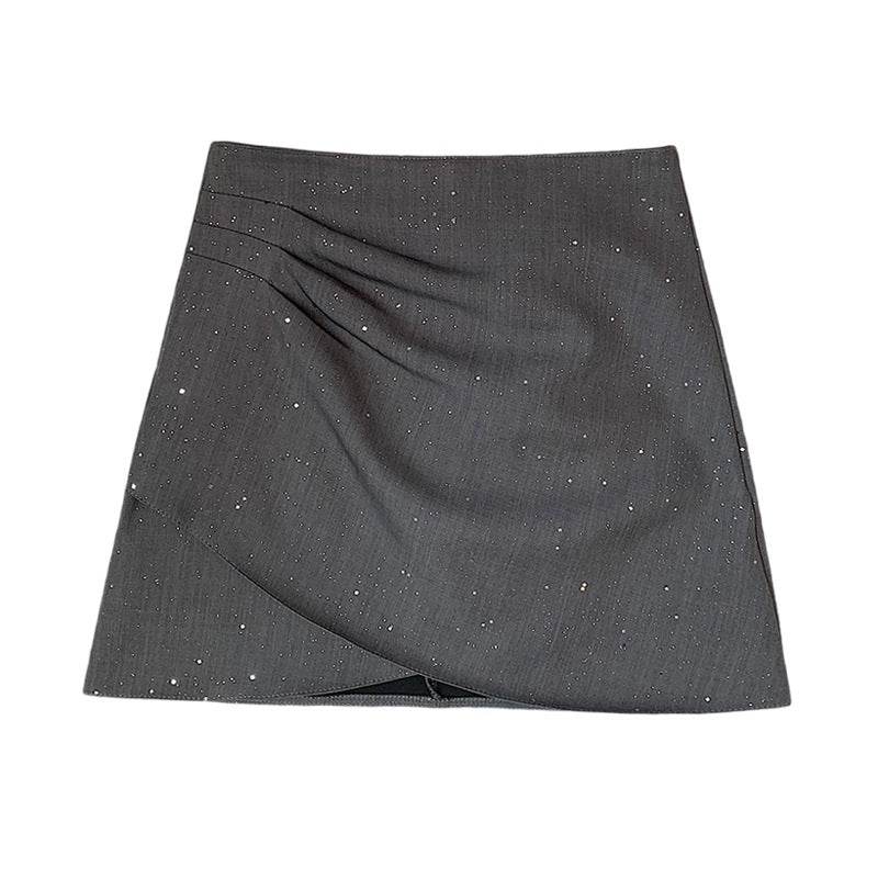 Elegant gray Sweet and Spicy Skirt with subtle sparkle and a chic draped design