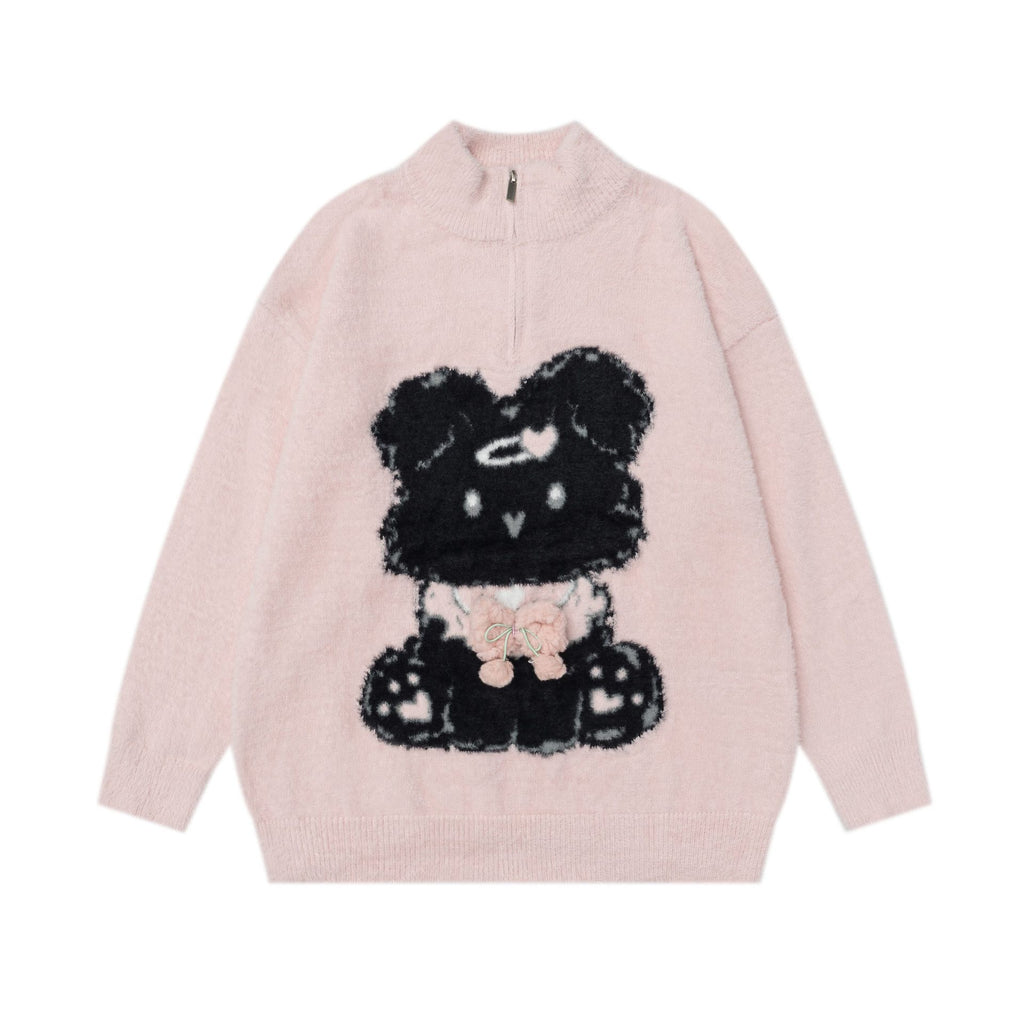 Cute pink Sweet Bear Knit Sweater featuring a playful bear design and zip-up collar