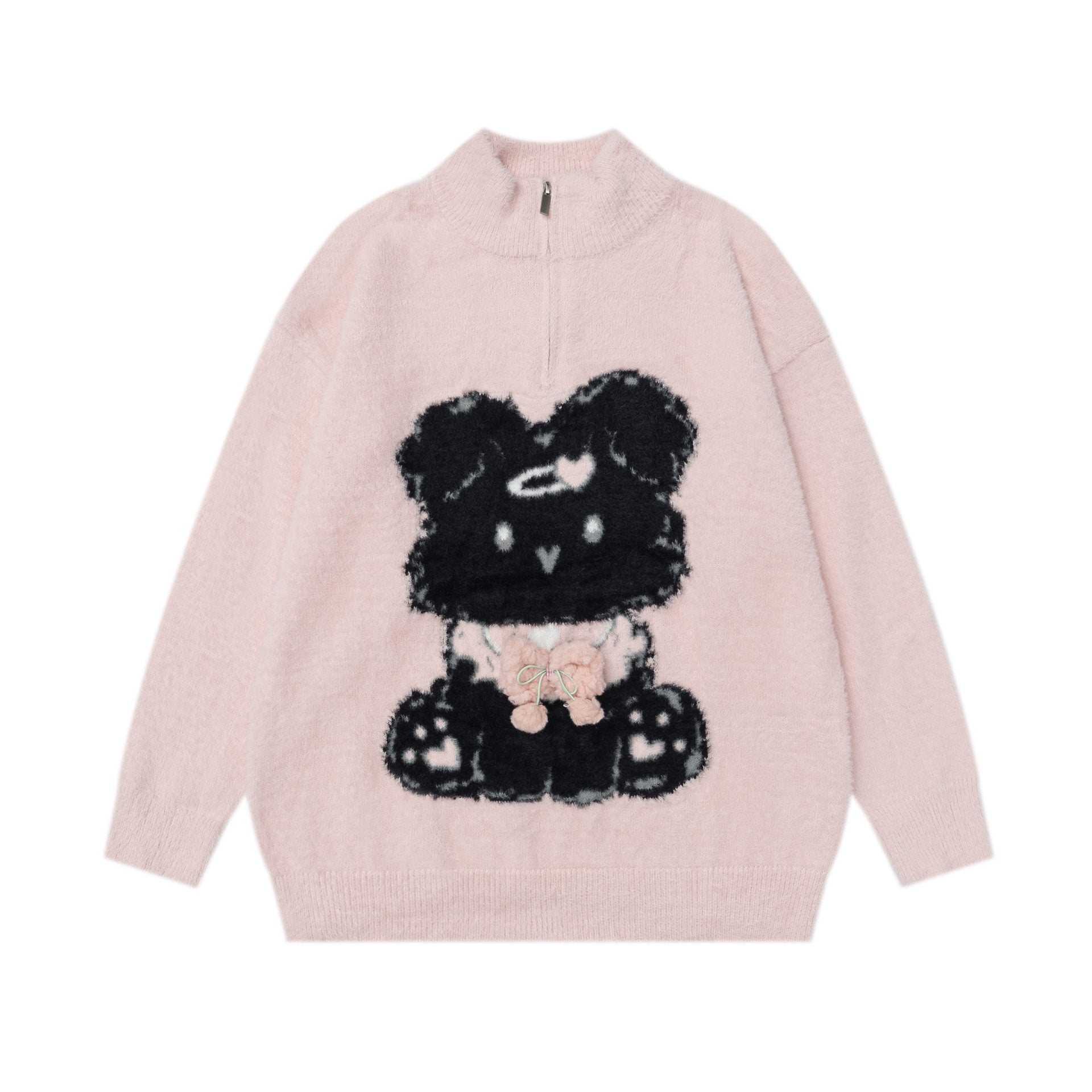 Cute pink Sweet Bear Knit Sweater featuring a playful bear design and zip-up collar