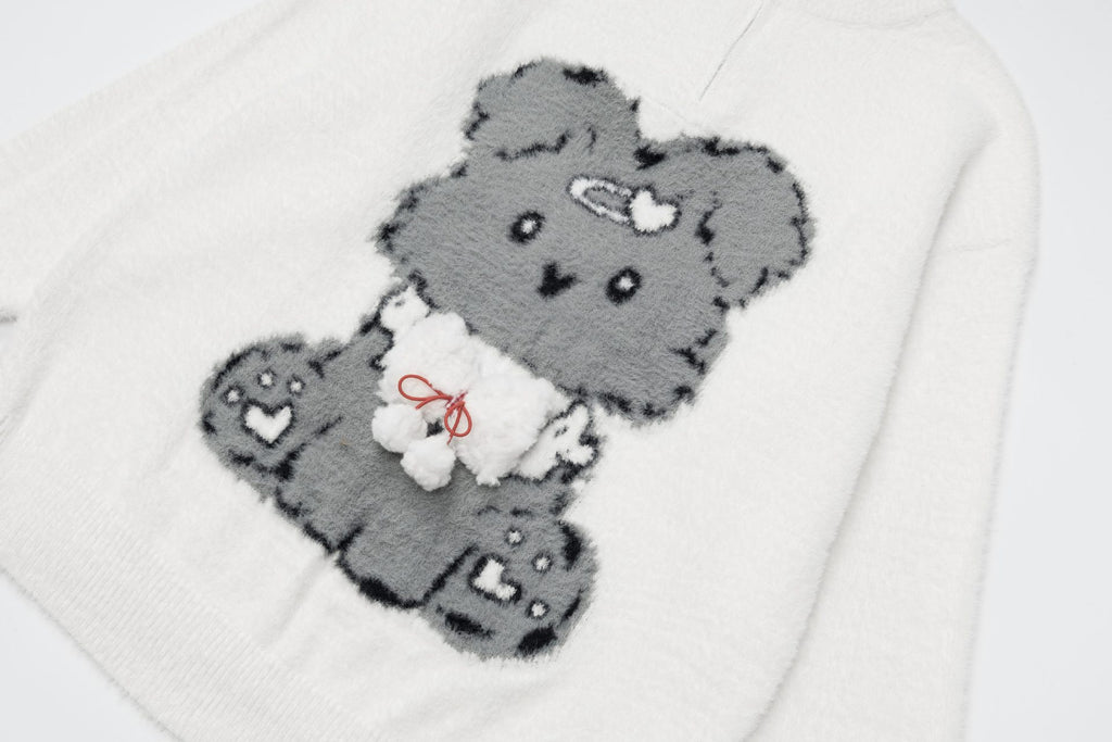 Sweet Bear Knit Sweater in white with cute bear design and fluffy pom poms