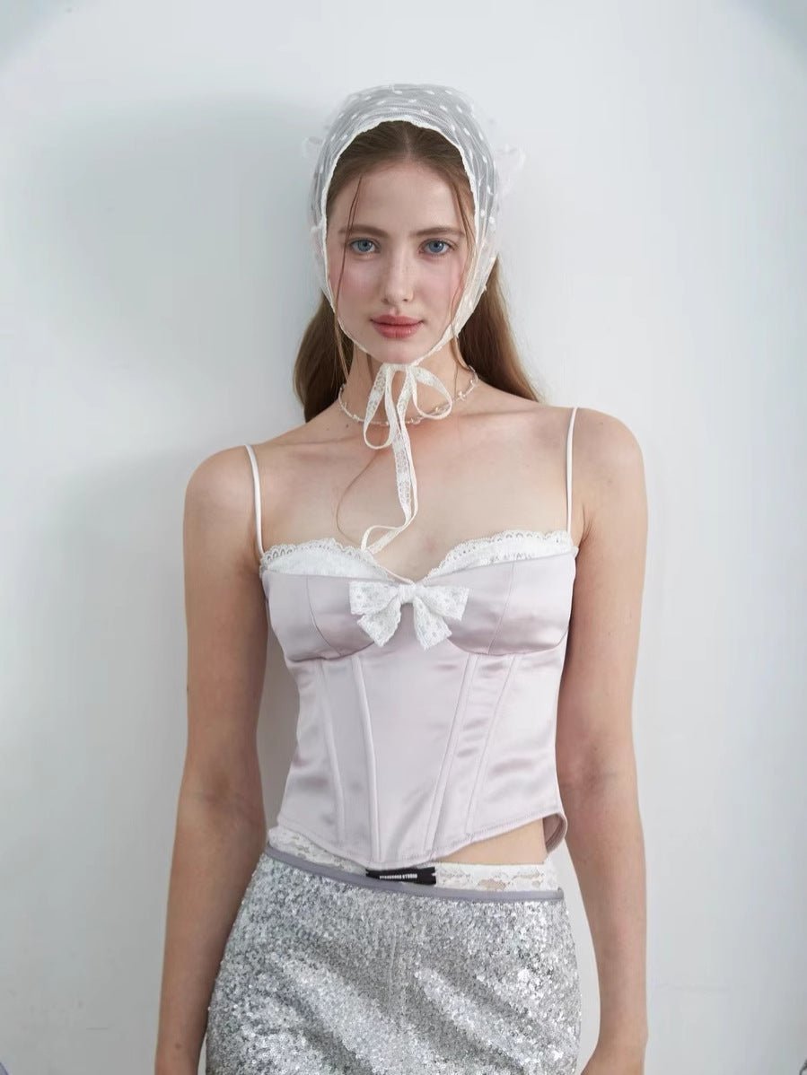 Sweet Desire Pink Bow Camisole featuring lace trim and a flattering silhouette, styled with a matching head scarf