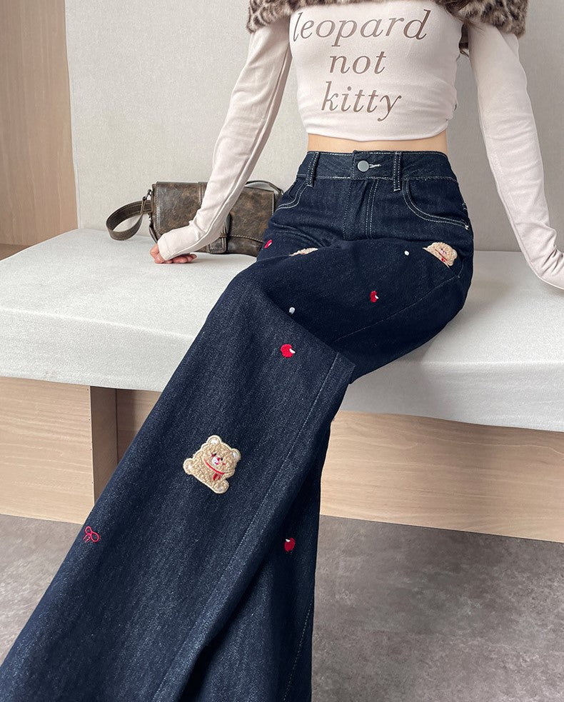 Teddy Stitch Wide Leg Jeans featuring colorful bear and heart embroidery for a trendy look