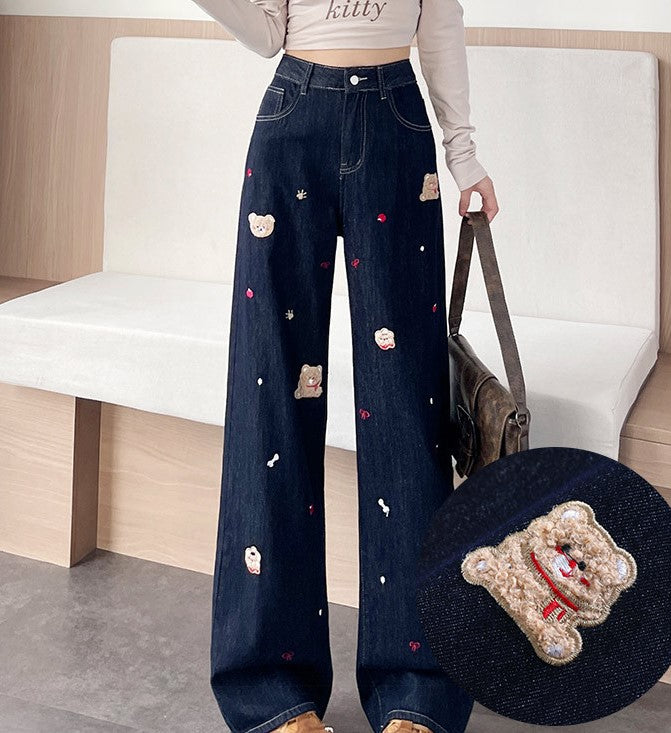 Teddy Stitch Wide Leg Jeans with Embroidered Bear Patches for a Unique Fashion Look