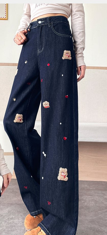 Teddy Stitch Wide Leg Jeans adorned with playful teddy bear and heart embellishments for a trendy look