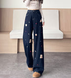 Teddy Stitch Wide Leg Jeans with Cute Embroidered Bears and Floral Details for a Trendy Look