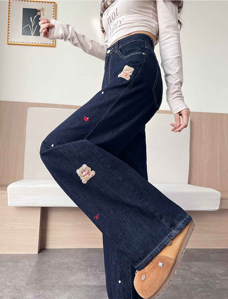 AM Vision RO Teddy Stitch Wide Leg Jeans featuring cute bear embroidery for a stylish casual look