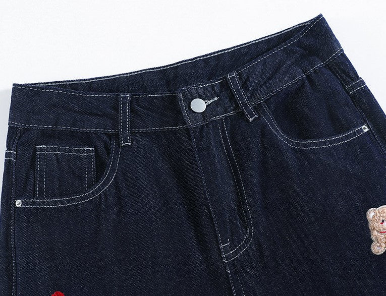 Teddy Stitch Wide Leg Jeans featuring a high waist and cute teddy bear embroidery detail