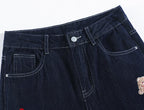Teddy Stitch Wide Leg Jeans featuring a high waist and cute teddy bear embroidery detail