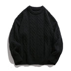 Men's black textured cable knit sweater with a classic crew neck and cozy fit