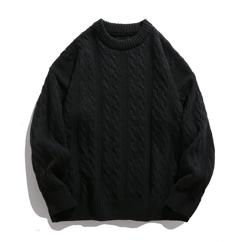 Men's black textured cable knit sweater with a classic crew neck and cozy fit