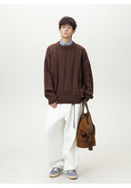 Brown Textured Cable Knit Sweater paired with white pants and a stylish bag for a casual look