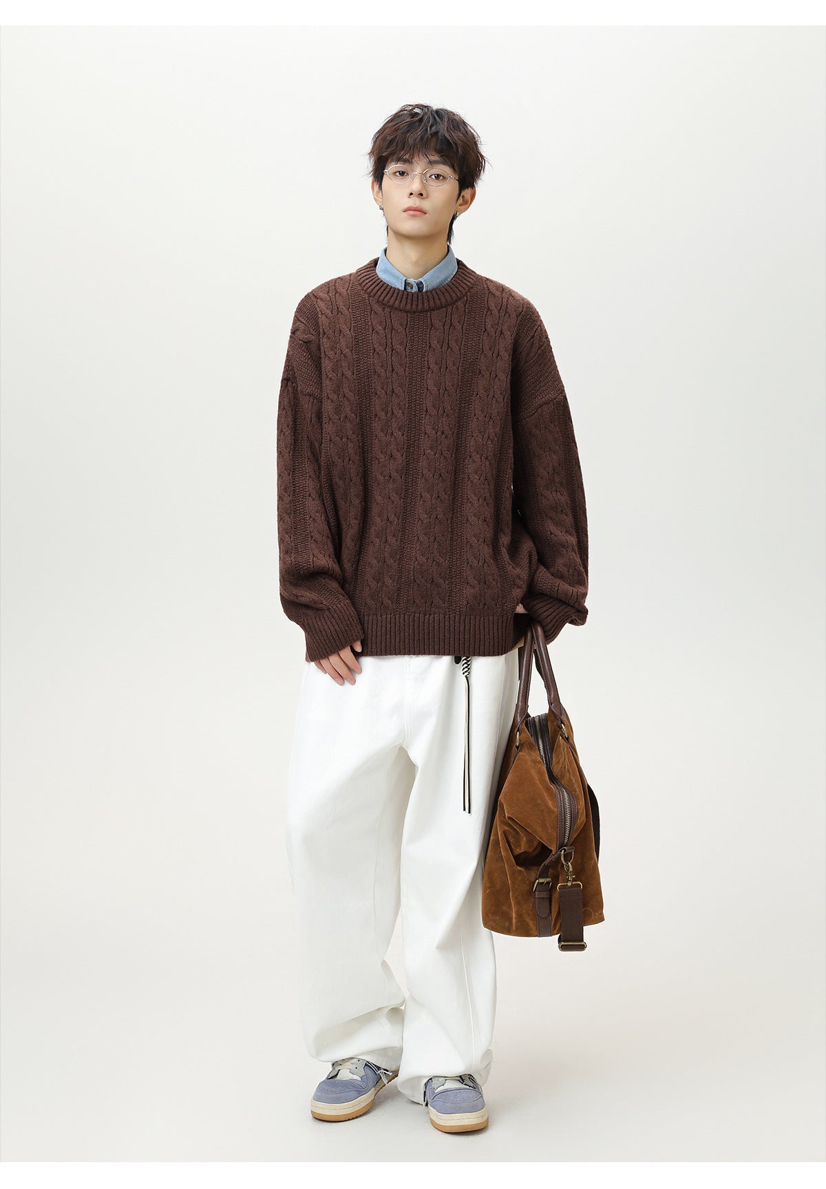 Brown Textured Cable Knit Sweater paired with white pants and a stylish bag for a casual look