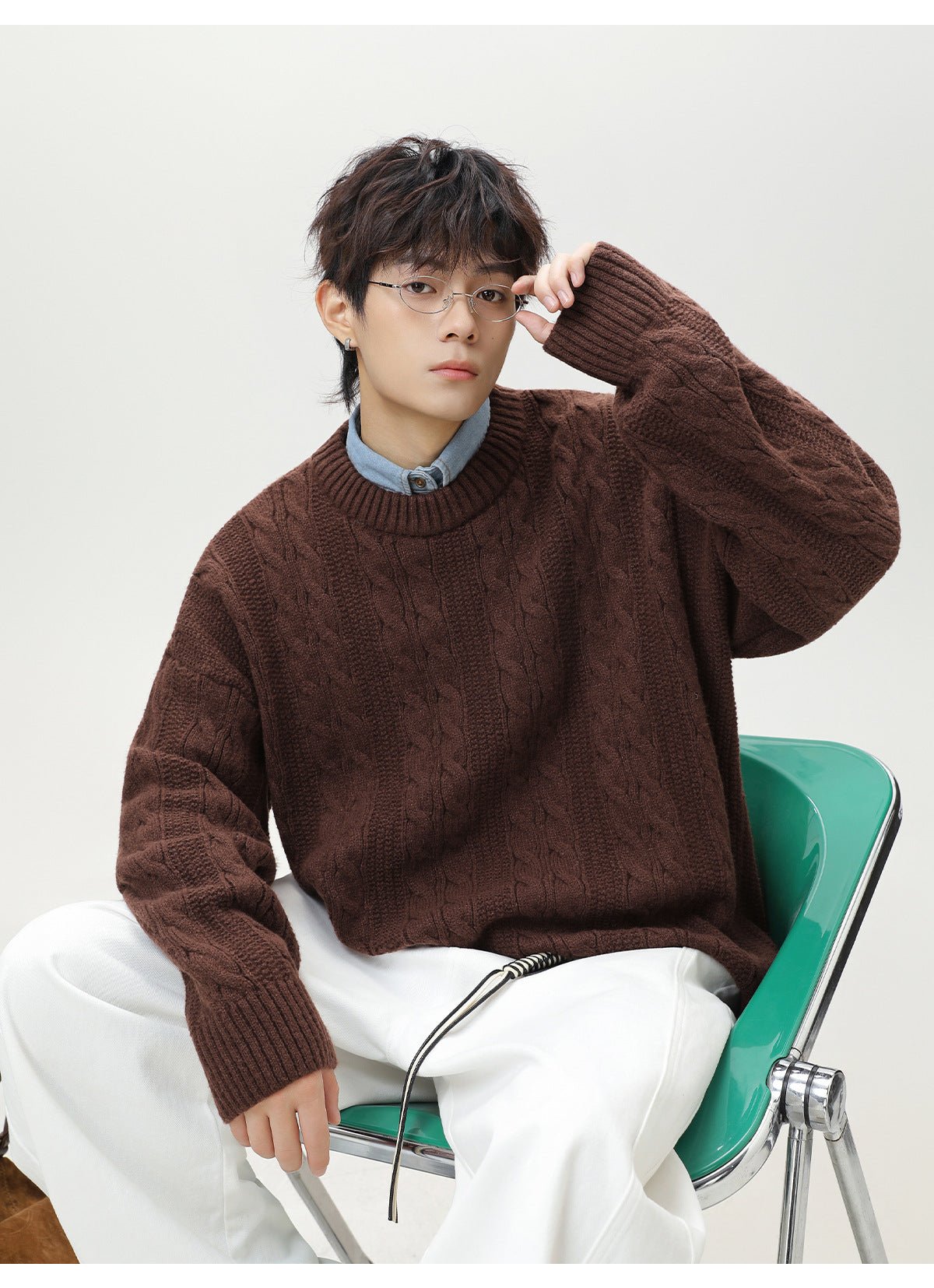 Brown Textured Cable Knit Sweater featuring a relaxed fit and cozy knit design
