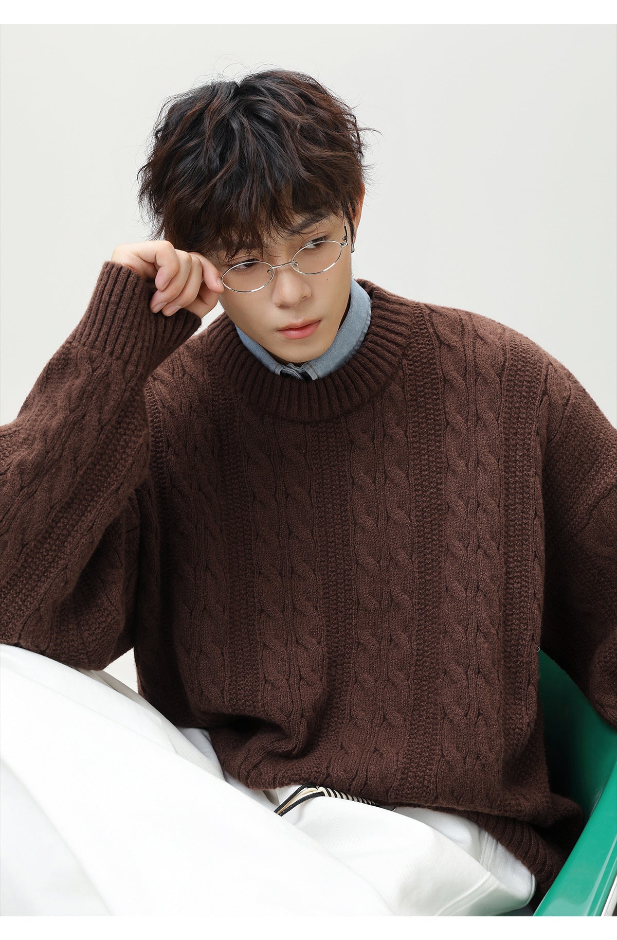 Brown Textured Cable Knit Sweater with a relaxed fit and cozy design, perfect for layering in cool weather