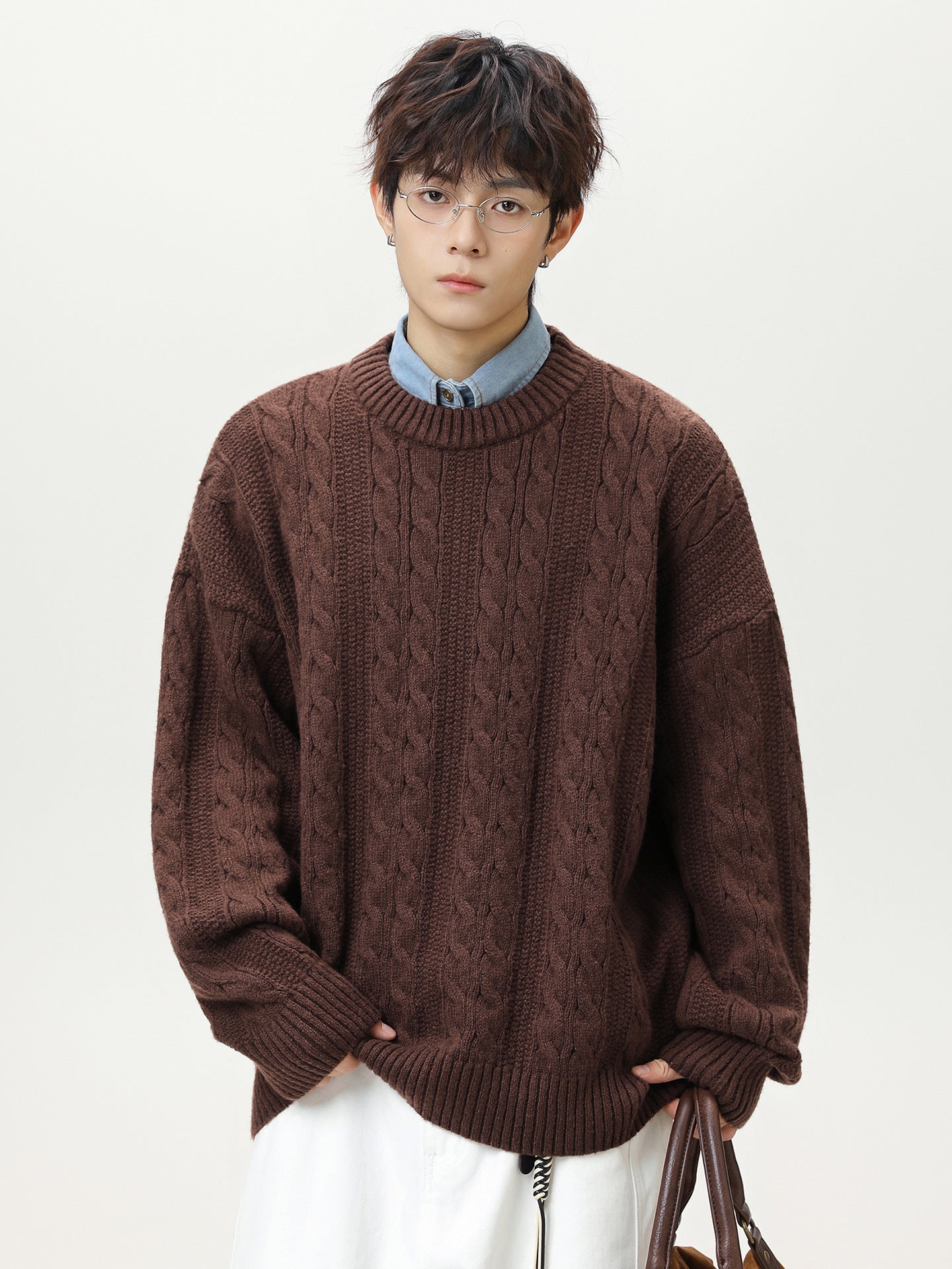 Brown Textured Cable Knit Sweater with a relaxed fit and ribbed details for a cozy look