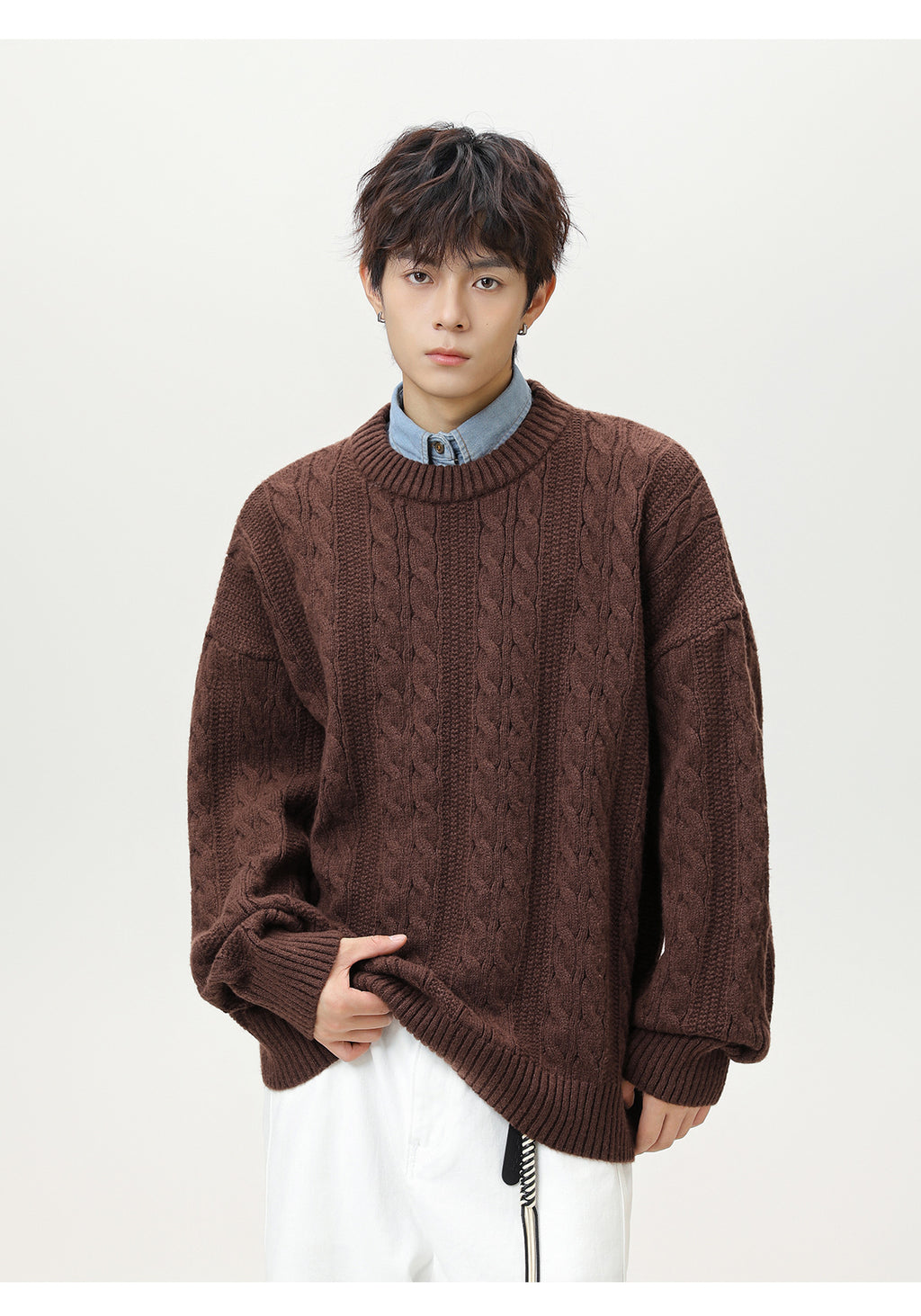 Brown Textured Cable Knit Sweater featuring a relaxed fit and chunky knit design for cozy warmth