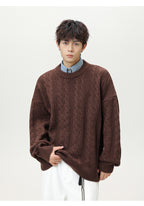 Brown Textured Cable Knit Sweater featuring a relaxed fit and chunky knit design for cozy warmth