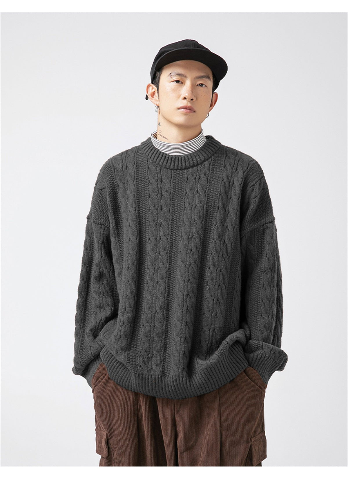 AM Vision RO Textured Cable Knit Sweater in Dark Gray Perfect for Casual Winter Wear