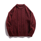 Maroon Textured Cable Knit Sweater featuring a cozy design and classic round neckline