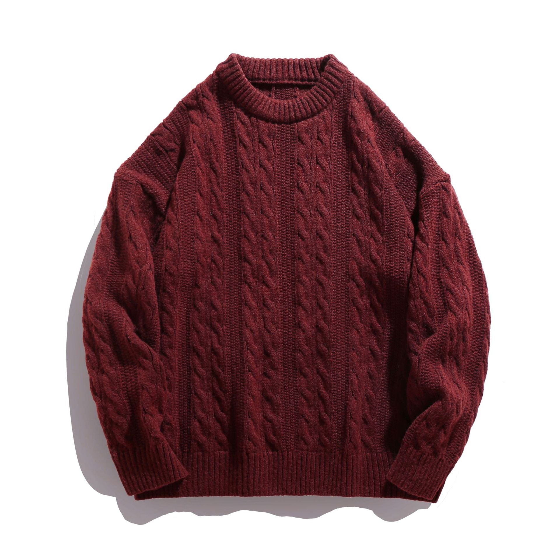 Maroon Textured Cable Knit Sweater featuring a cozy design and classic round neckline