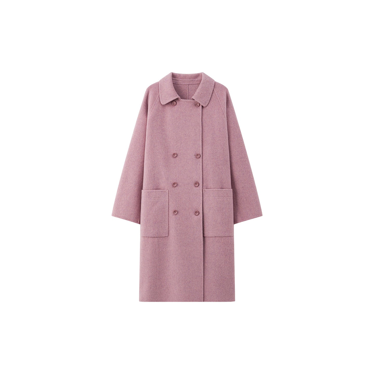 The Amaya Pastel Coat in soft pink featuring a double-breasted design and front pockets
