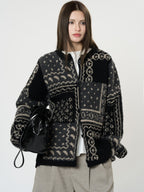 The Kyoto Jacquard Cardigan in black and gray with a stylish oversized fit for a modern look