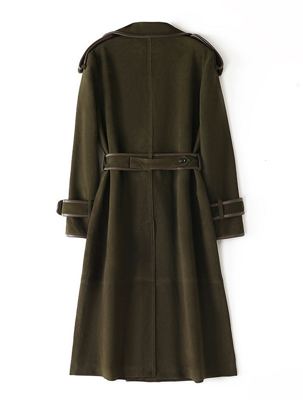 The Margaux Trench Coat in olive green with a belted waist and classic trench design