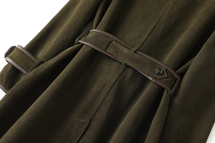 The Margaux Trench Coat in olive green with a stylish belt and soft fabric for a chic look