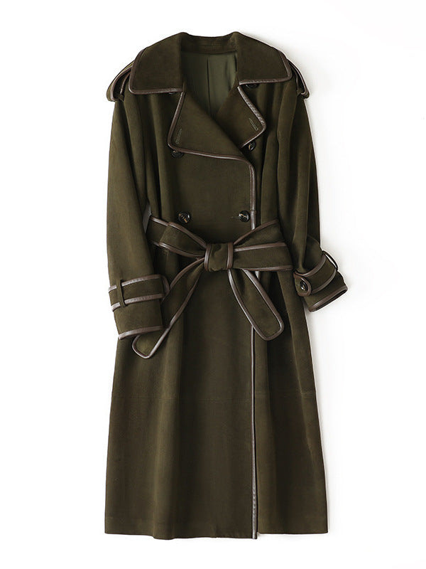 The Margaux Trench Coat in olive green with a belted waist and stylish details