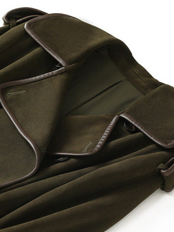 The Margaux Trench Coat in olive green with stylish collar and button details