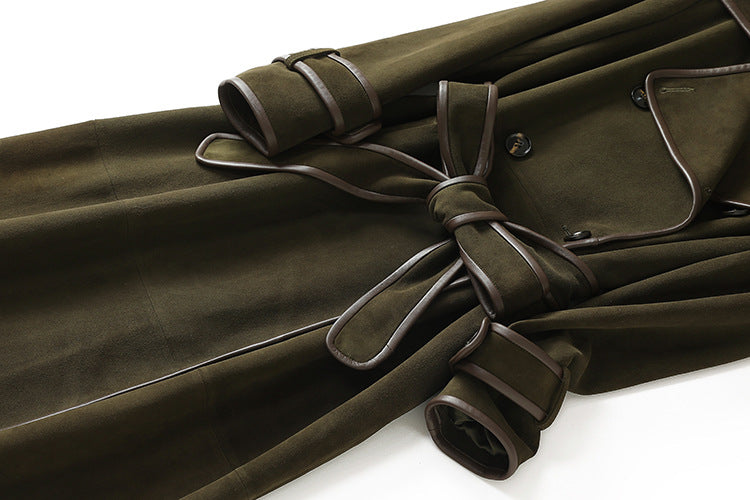 The Margaux Trench Coat in olive green with stylish belted design and elegant detailing