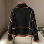 Back view of The Panther Wool Coat with a stylish design and fuzzy trim details