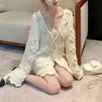 The Petale Knit, Hand Crocheted Wool Cardigan in Cream Color, Perfect for Cozy Winter Outfits