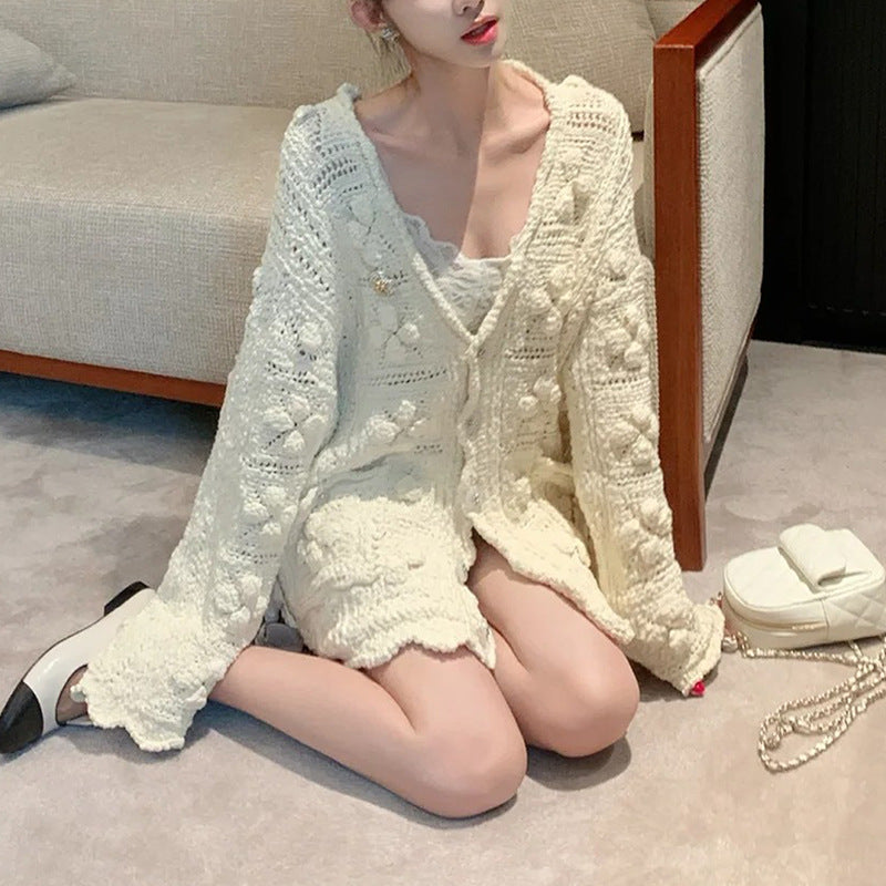The Petale Knit, Hand Crocheted Wool Cardigan in Cream Color, Perfect for Cozy Winter Outfits