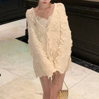 The Petale Knit, Hand Crocheted Wool Cardigan in Cream with Chunky Texture and Button Closure
