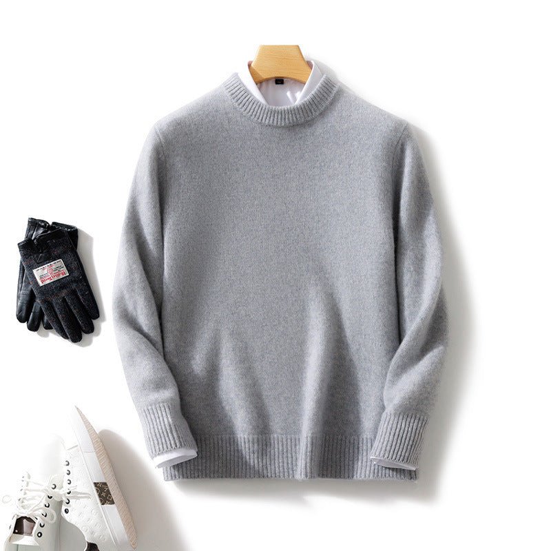 Thick Natural Wool Sweater With Elastic Hem in light gray, perfect for warm layering during colder months